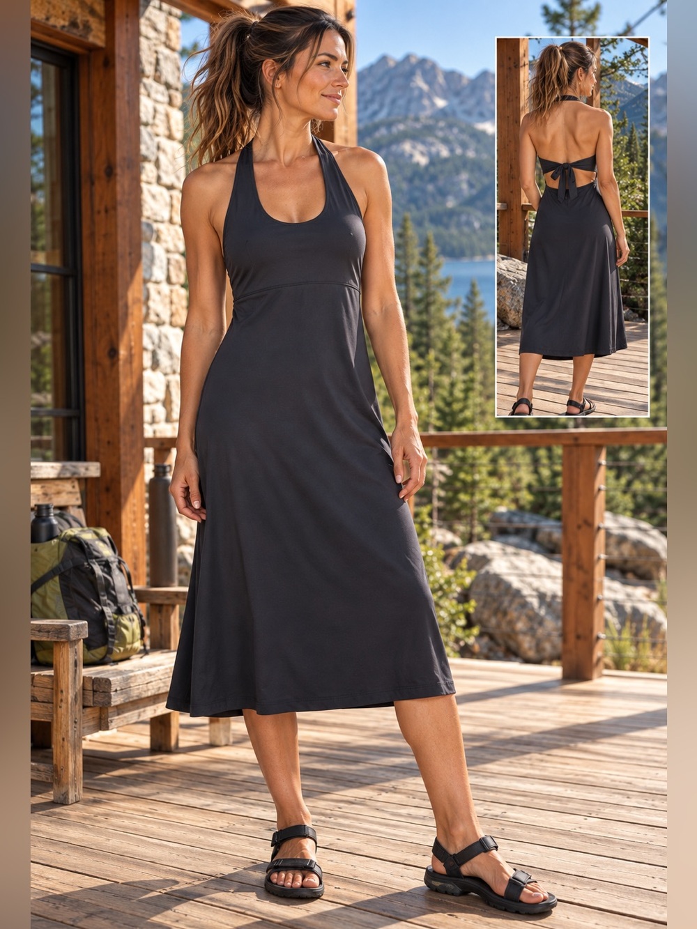Patagonia Morning Glory Dress Black S Halter Open Back Athletic Hiking 20520